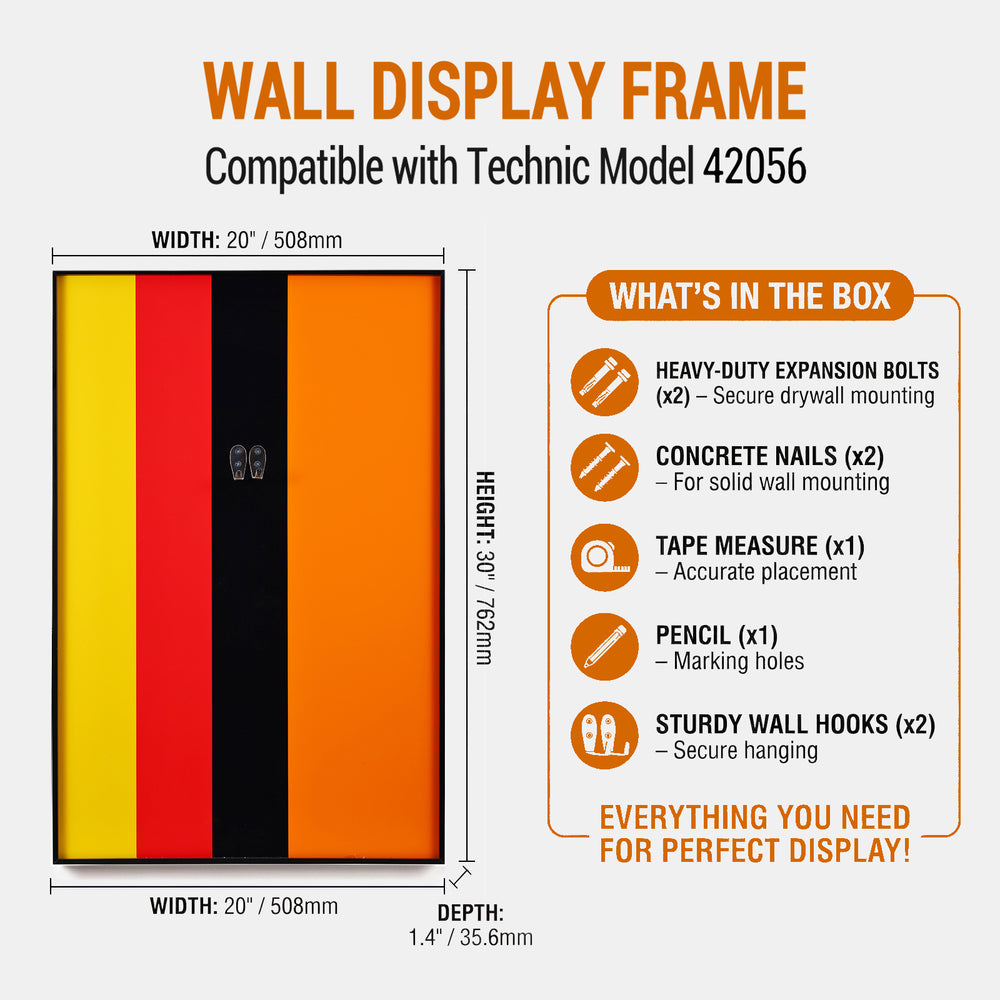 ONE MAAY Wall display frame compatible with LEGO Technic Supercar Porsche model 42056, showing dimensions and included items.