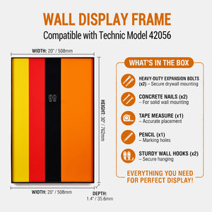 ONE MAAY Wall display frame compatible with LEGO Technic Supercar Porsche model 42056, showing dimensions and included items.