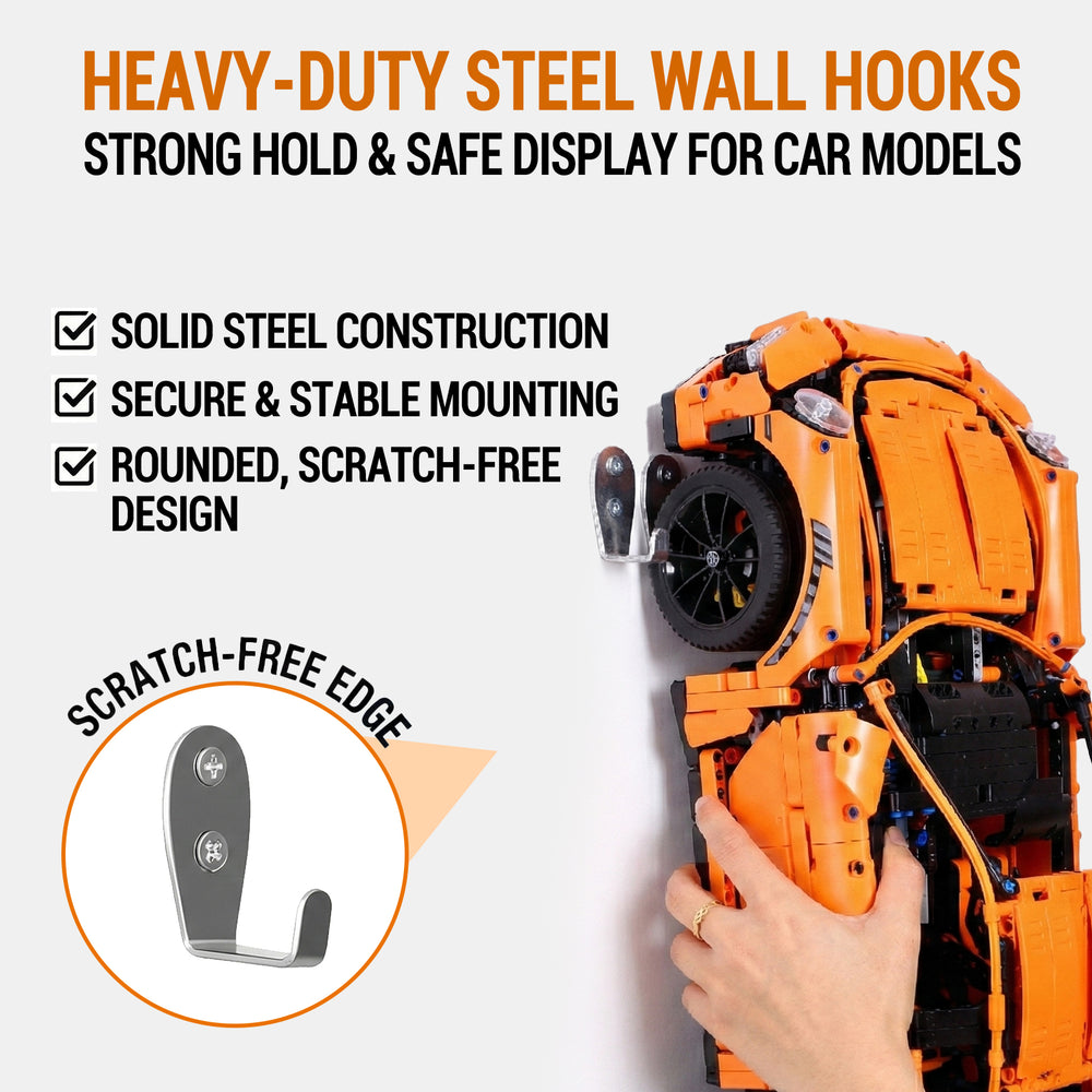 Heavy-duty steel wall hooks for LEGO Porsche supercar model 42056 with orange toy car displayed on a white background