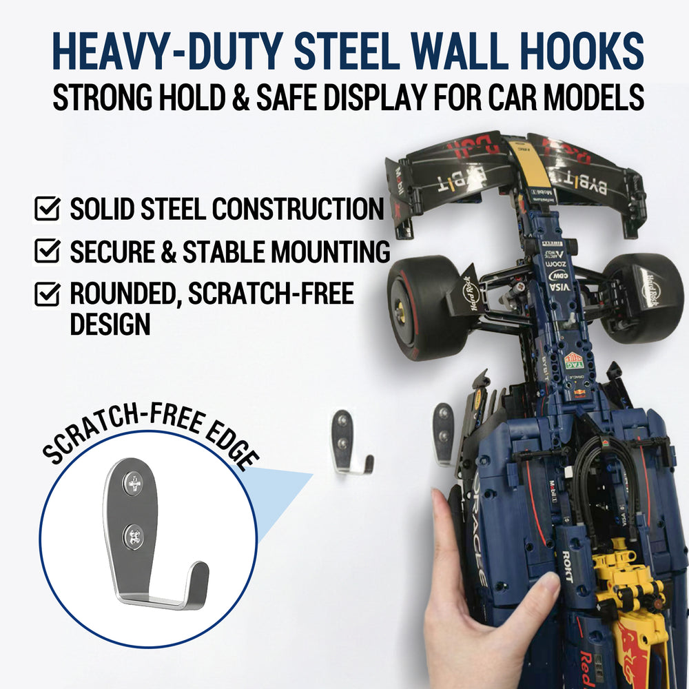 ONE MAAY Heavy-duty steel wall hooks for LEGO Oracle Red Bull F1 model 42206 with blue toy race car displayed on a white background