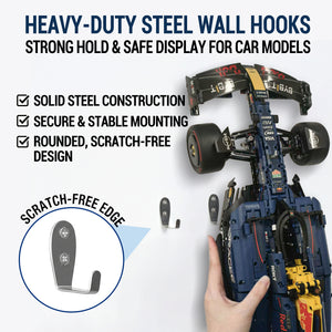 ONE MAAY Heavy-duty steel wall hooks for LEGO Oracle Red Bull F1 model 42206 with blue toy race car displayed on a white background
