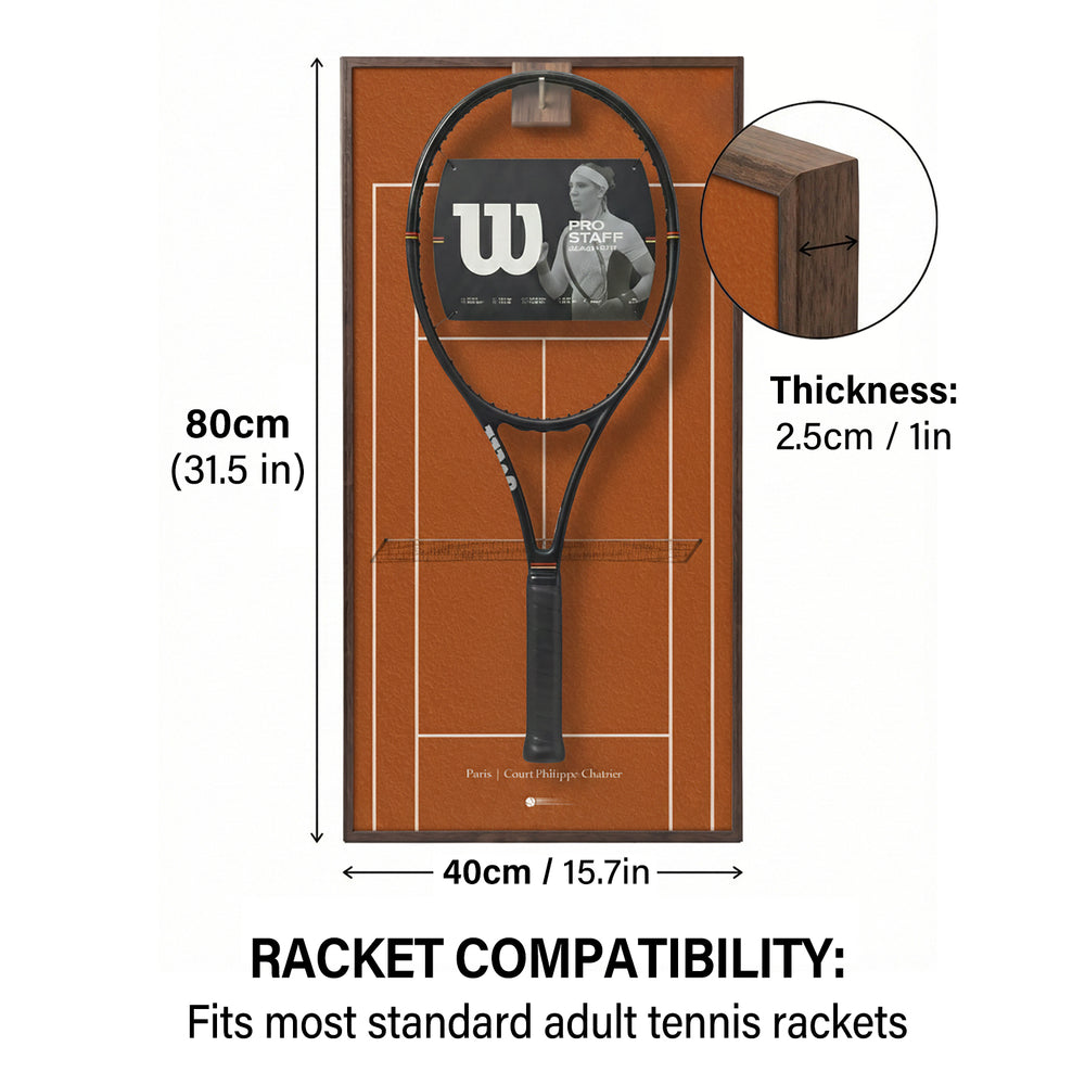 Size dimensions for the ONE MAAY French Open racket wall art, showing an 80 by 40 centimeter frame with a 2.5 centimeter thickness, compatible with standard adult rackets.