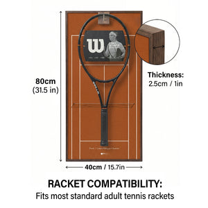 Size dimensions for the ONE MAAY French Open racket wall art, showing an 80 by 40 centimeter frame with a 2.5 centimeter thickness, compatible with standard adult rackets.