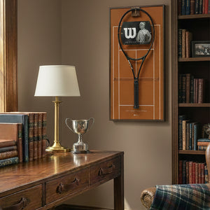 ONE MAAY French Open tennis racket wall display frame with printed red clay court background for authentic Grand Slam memorabilia home decor