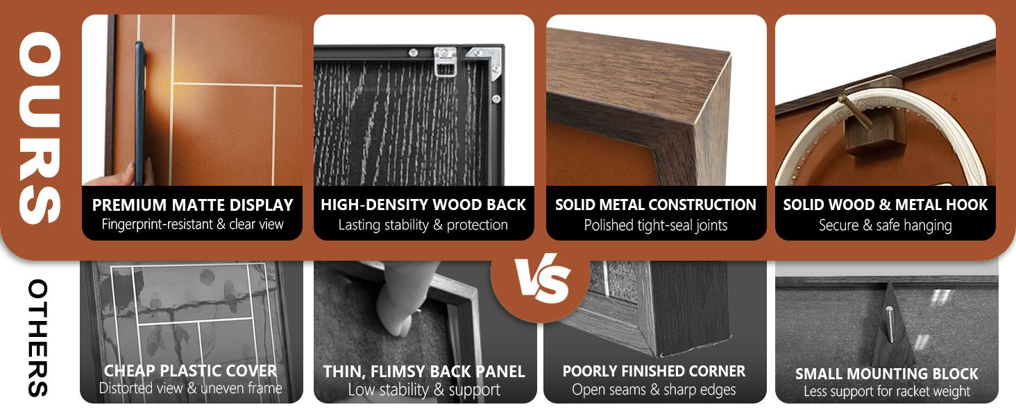 ONE MAAY vs others wide comparison infographic for French Open clay court tennis racket wall display frame showing premium matte display, high-density wood back, solid metal construction, and solid wood hook versus cheap plastic alternatives
