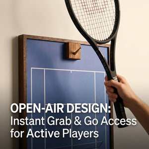 A hand easily lifting a tennis racket off the ONE MAAY Australian Open wall display, demonstrating the open-air design for quick grab-and-go access