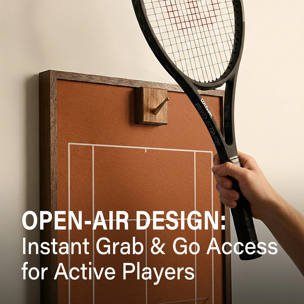 A hand easily lifting a tennis racket off the ONE MAAY French Open wall display, demonstrating the open-air design for quick grab-and-go access