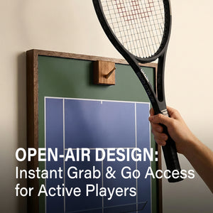 A hand easily lifting a tennis racket off the ONE MAAY US Open wall display, demonstrating the open-air design for quick grab-and-go access