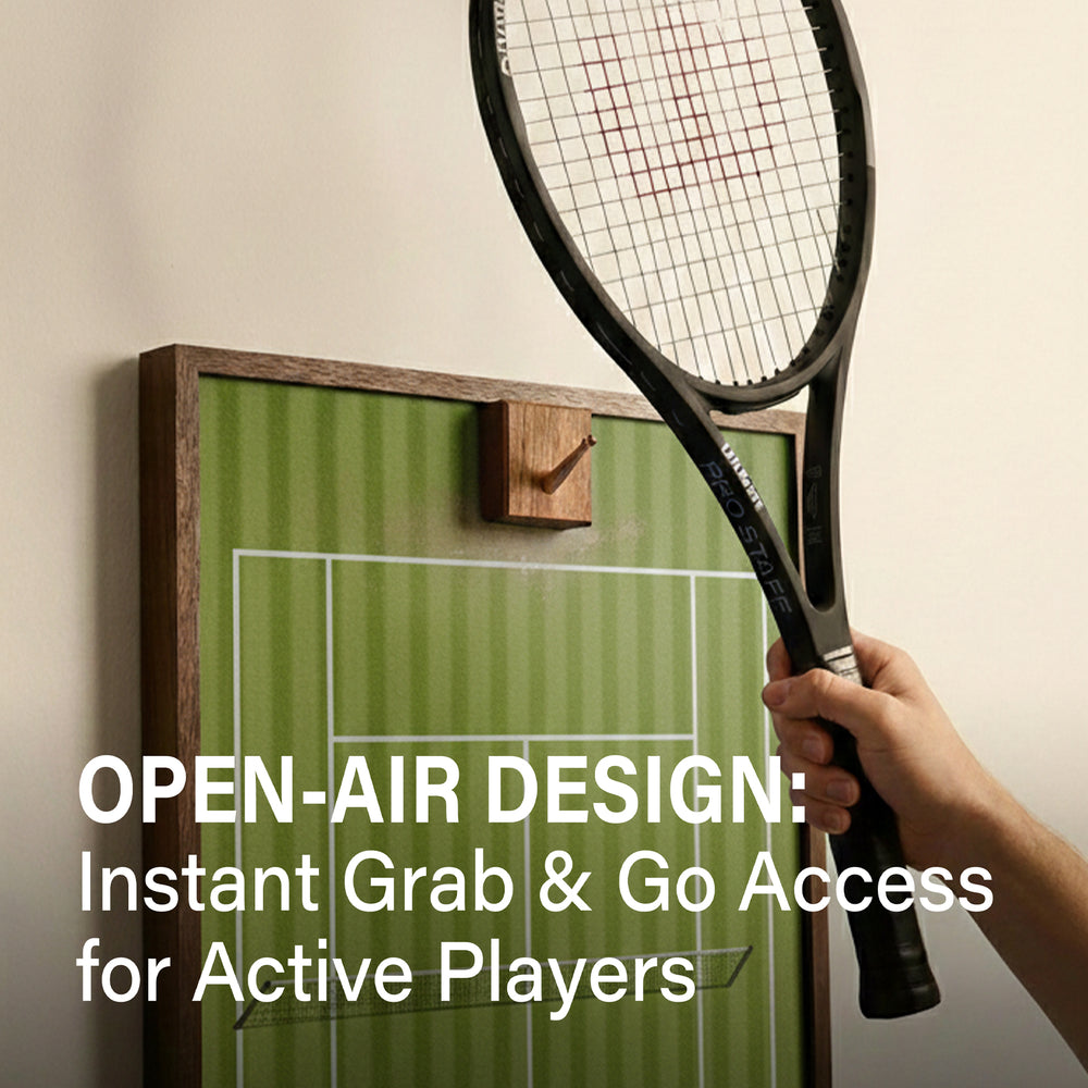 A hand easily lifting a tennis racket off the ONE MAAY Wimbledon wall display, demonstrating the open-air design for quick grab-and-go access