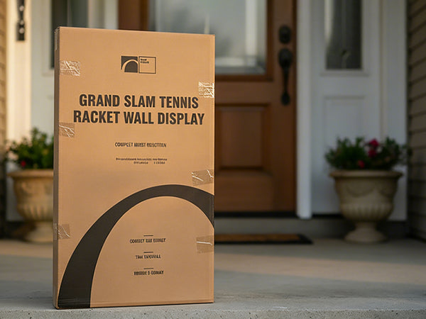 ONE MAAY Grand Slam tennis racket wall display frame compact feature card highlighting key product benefits for sports memorabilia home decor