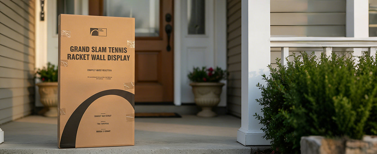 ONE MAAY Grand Slam Tennis Racket Wall Display shipping box standing at front door showing compact packaging for premium sports wall art delivery