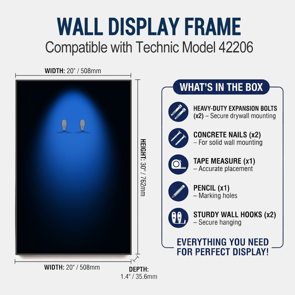 ONE MAAY Halo wall display frame compatible with Technic model 42206, showing dimensions and included items.