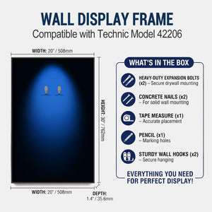 ONE MAAY Halo wall display frame compatible with Technic model 42206, showing dimensions and included items.
