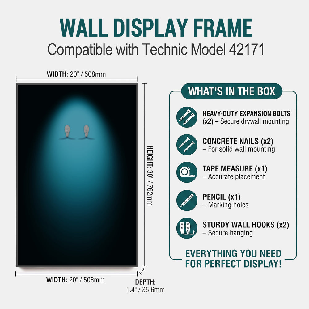 ONE MAAY Halo Wall display frame compatible with Technic model 42171, showing dimensions and included items.