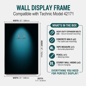 ONE MAAY Halo Wall display frame compatible with Technic model 42171, showing dimensions and included items.