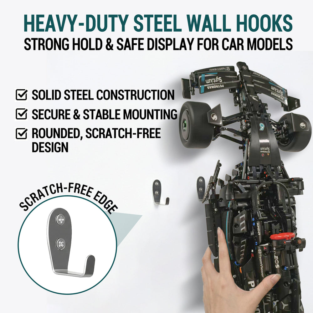 ONE MAAY Heavy-duty steel wall hooks for LEGO Mercedes F1 model 42171 with black toy race car displayed on a white background