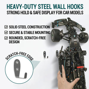 ONE MAAY Heavy-duty steel wall hooks for LEGO Mercedes F1 model 42171 with black toy race car displayed on a white background