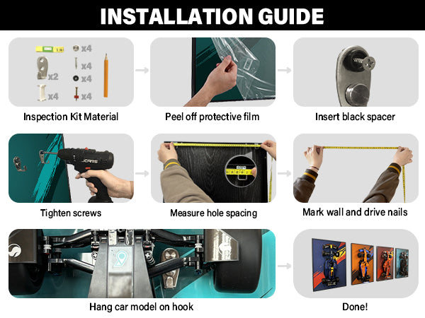 ONE MAAY compact installation guide for LEGO Technic Bugatti Chiron 42083 compatible wall display frame showing step-by-step mounting process