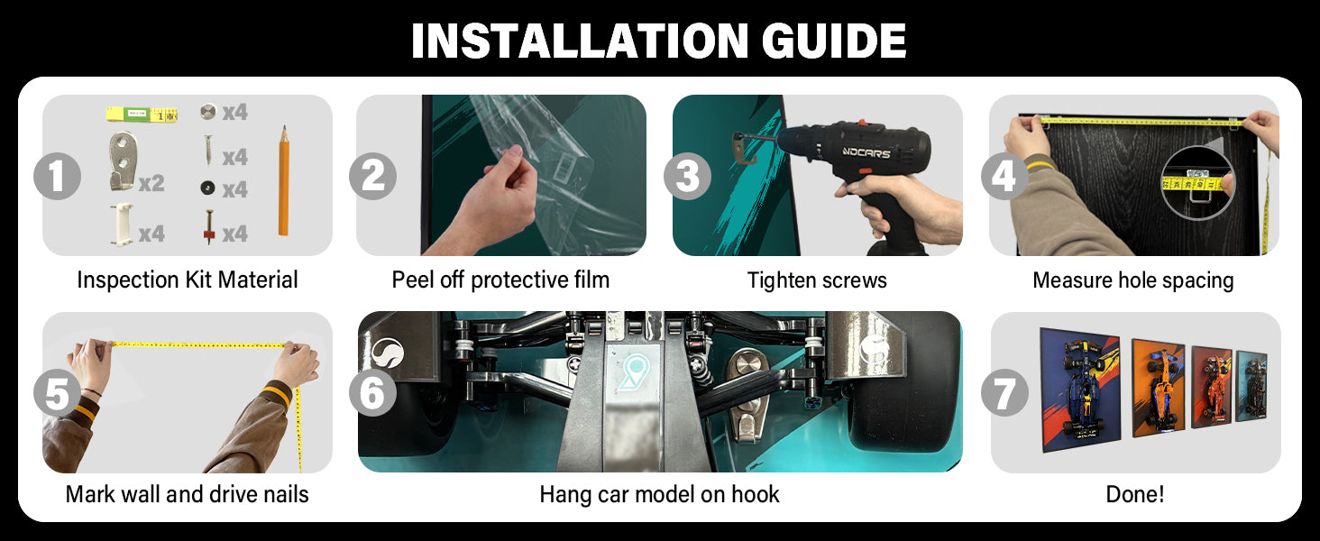 ONE MAAY 7-step wide installation guide for LEGO Technic Bugatti Chiron 42083 compatible wall display frame showing hardware kit, mounting steps, and hanging teal Bugatti car model on wall hook