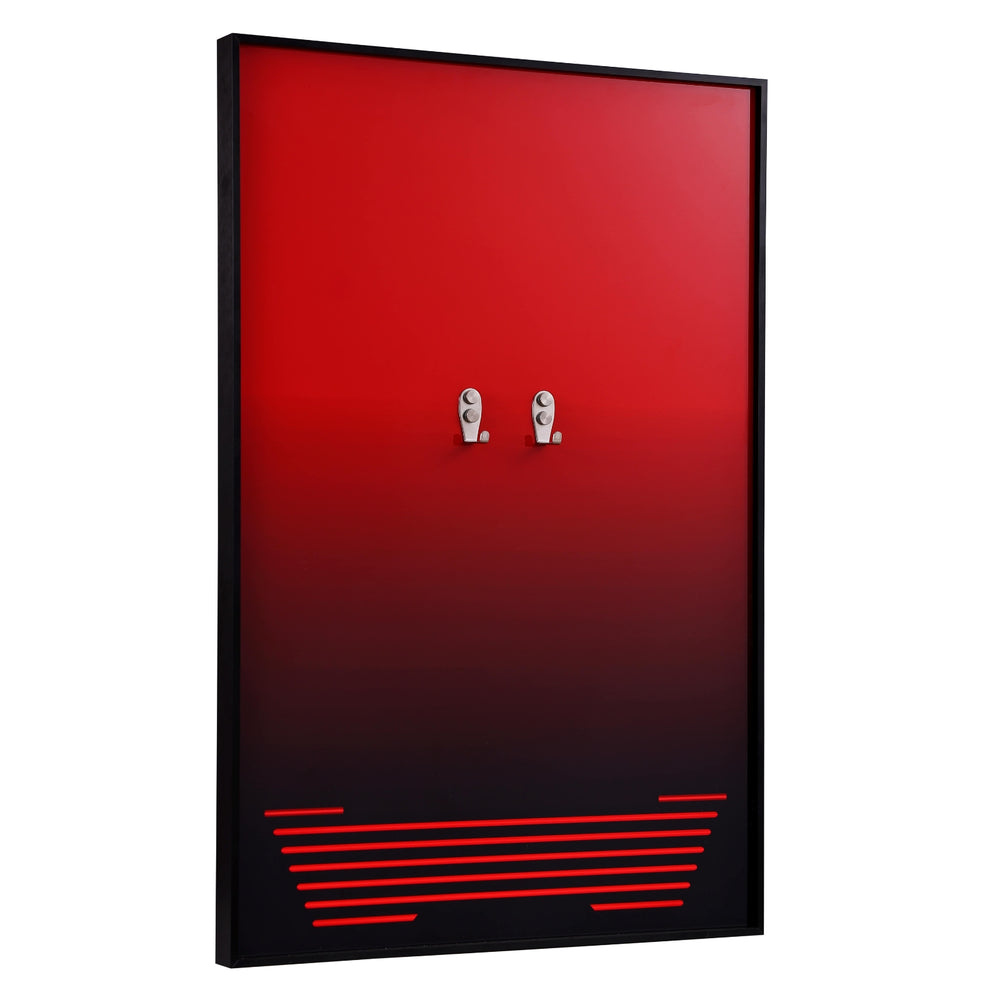 Red and black robot model on a red background