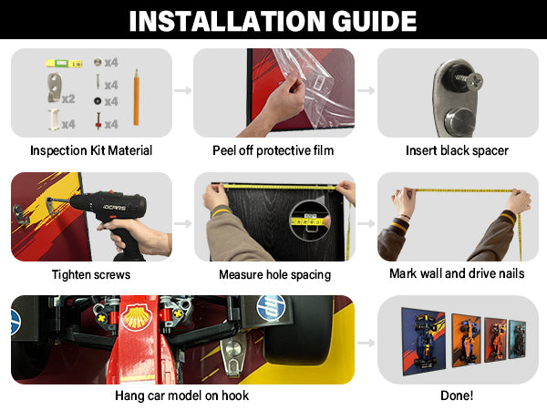 ONE MAAY compact installation guide for LEGO Technic Ferrari Daytona SP3 42143 compatible wall display frame showing step-by-step mounting process