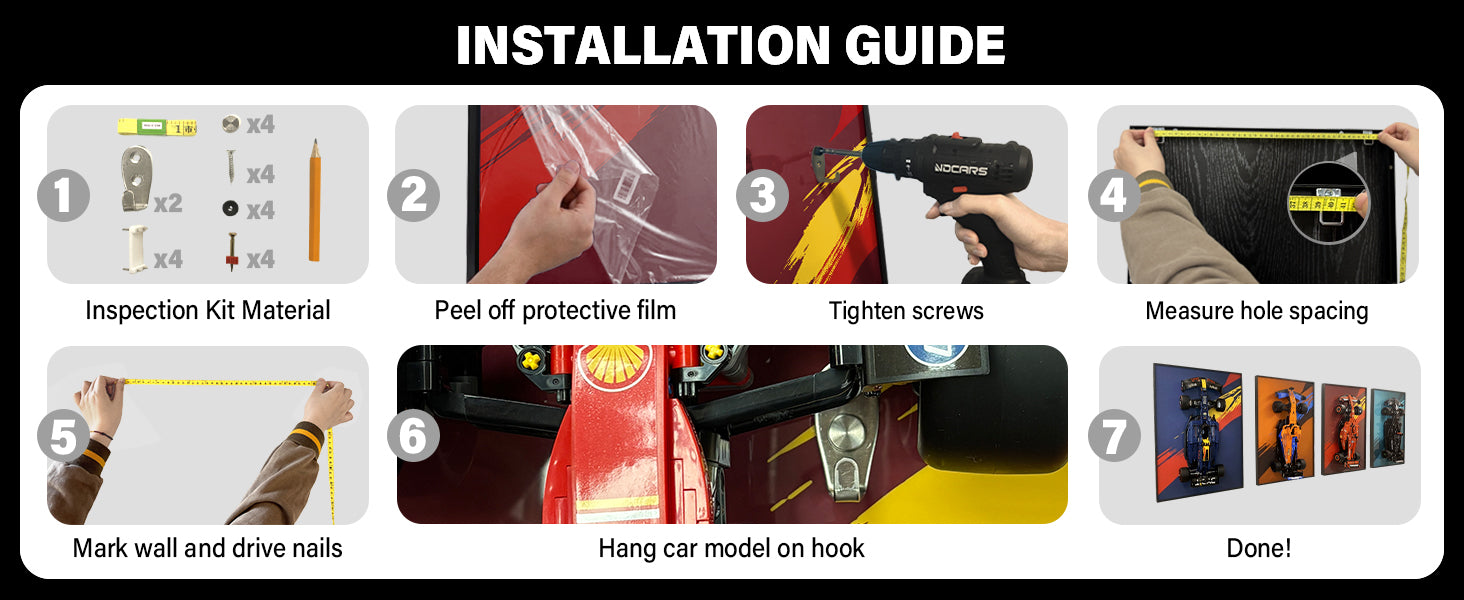 ONE MAAY 7-step wide installation guide for LEGO Technic Ferrari Daytona SP3 42143 compatible wall display frame showing hardware kit, mounting steps, and hanging red Ferrari Daytona with Shell logo for collector display