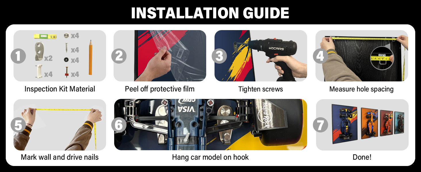 ONE MAAY 7-step wide installation guide for LEGO Technic Ferrari Daytona SP3 42143 compatible wall display frame showing hardware kit, mounting steps, and hanging red Ferrari Daytona with Shell logo on wall hook