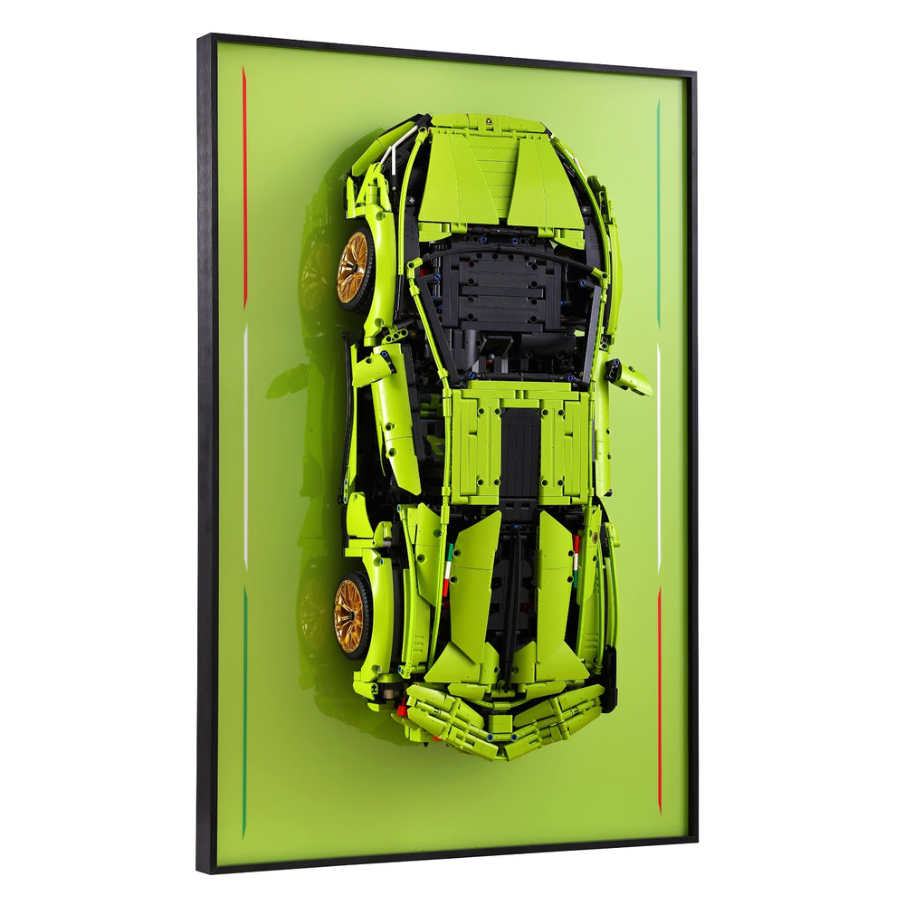 ONE MAAY LEGO Technic Lamborghini Sián FKP 37 42115 compatible wall display frame lifestyle room scene showing green and black supercar model mounted on wall
