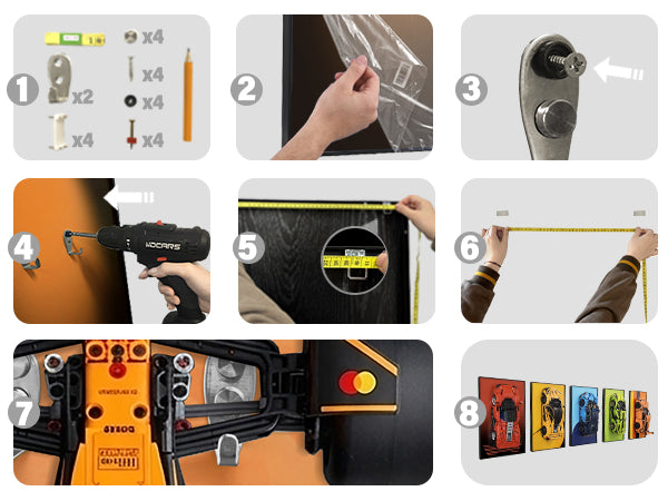 ONE MAAY compact installation guide for LEGO Technic McLaren F1 42141 MCL36 compatible wall display frame showing step-by-step mounting process