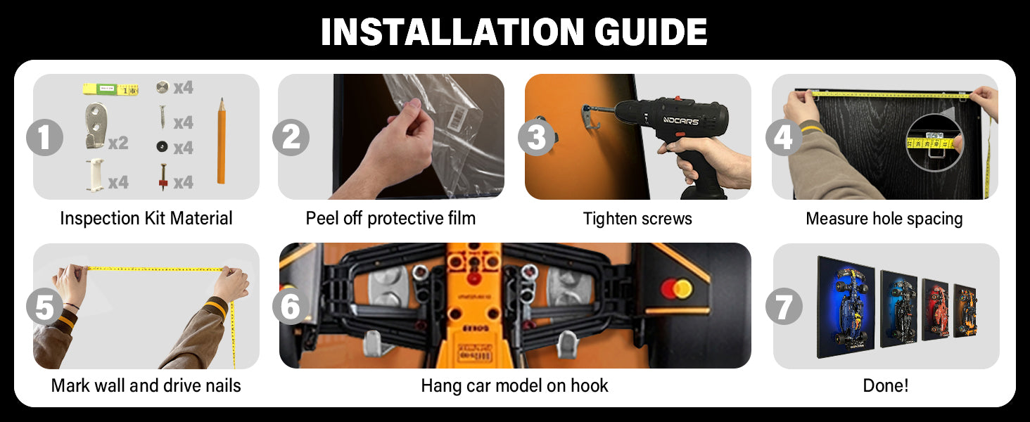 ONE MAAY 7-step wide installation guide for LEGO Technic McLaren F1 42141 MCL36 compatible wall display frame showing hardware kit, mounting steps, and hanging orange MCL36 car model on wall hook