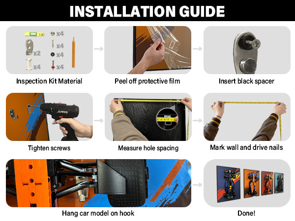 ONE MAAY compact installation guide for LEGO Technic McLaren P1 42172 compatible wall display frame showing step-by-step mounting process for LEGO supercar collector display