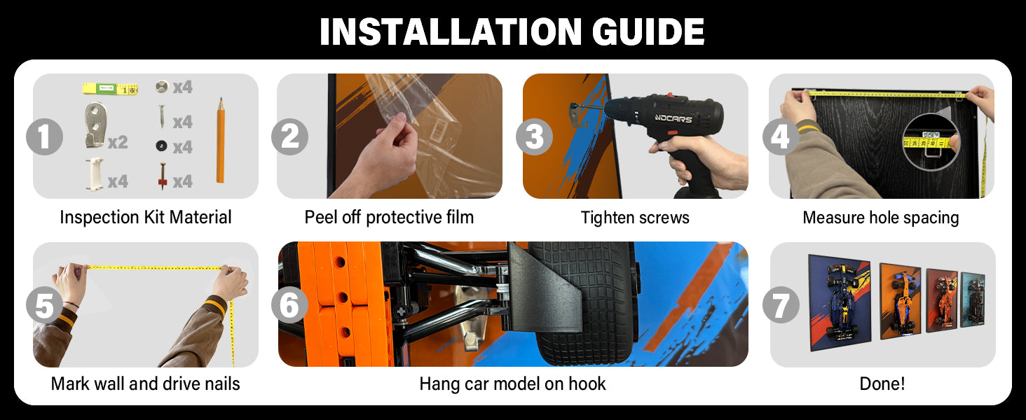 ONE MAAY 7-step wide installation guide for LEGO Technic McLaren P1 42172 compatible wall display frame showing hardware kit, mounting steps, and hanging orange and blue McLaren P1 car model on wall hook