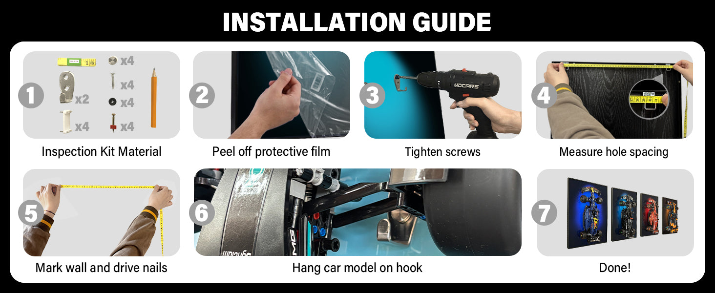 ONE MAAY 7-step wide installation guide for LEGO Technic Mercedes-AMG F1 W14 42171 compatible wall display frame showing hardware kit, mounting steps, and hanging silver and black AMG car model on wall hook