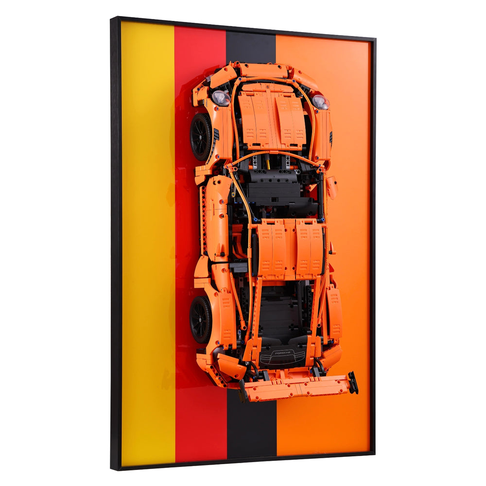 ONE MAAY LEGO Technic Porsche 911 GT3 RS 42056 compatible wall display frame lifestyle room shot showing white and black car model mounted on wall