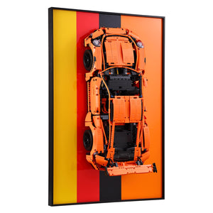 ONE MAAY LEGO Technic Porsche 911 GT3 RS 42056 compatible wall display frame lifestyle room shot showing white and black car model mounted on wall