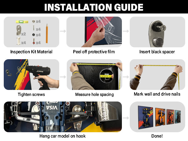 ONE MAAY 7-step compact installation guide for LEGO Technic Red Bull F1 42206 RB19 compatible wall display frame showing step-by-step mounting with VISA Cash App RB19 car model