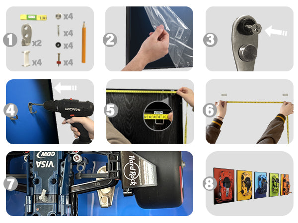 ONE MAAY compact installation guide for LEGO Technic Red Bull F1 42206 RB19 compatible wall display frame showing step-by-step mounting process for home or office display