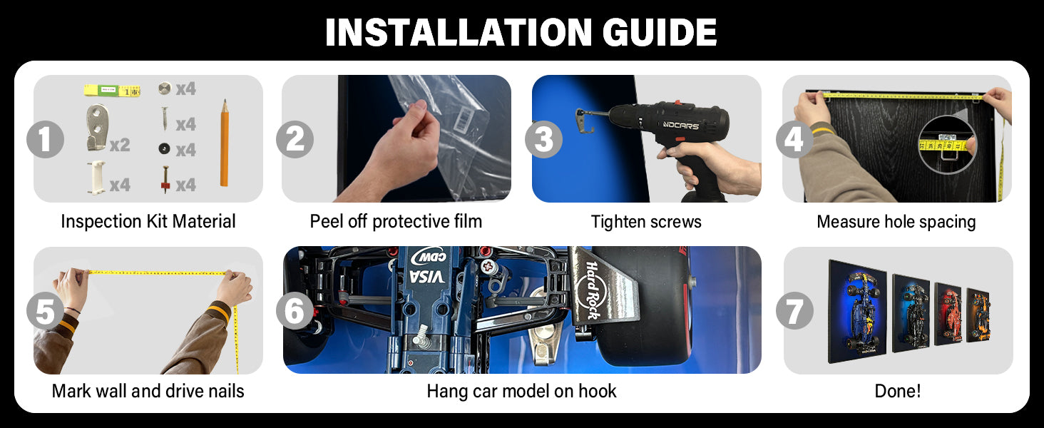 ONE MAAY 7-step wide installation guide for LEGO Technic Red Bull F1 42206 RB19 compatible wall display frame showing hardware kit, mounting steps, and hanging VISA Cash App RB19 car model on wall hook