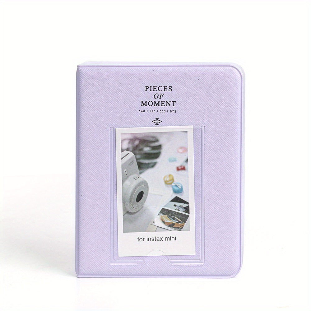 Purple photo album for Instax mini with a front window displaying a camera and photos on a white background