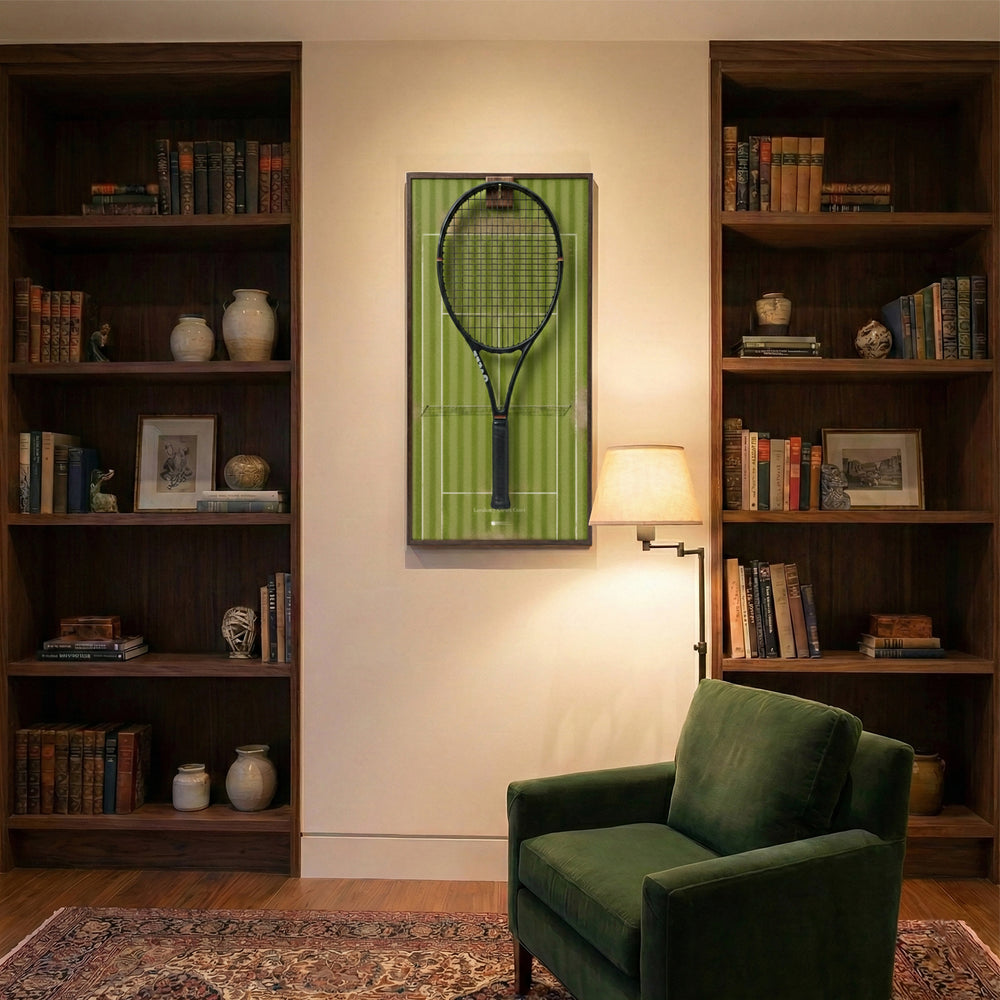 Elegant home library interior showcasing the ONE MAAY Wimbledon grass court tennis racket display mounted on the wall next to a built-in wooden bookshelf and a green reading chair.