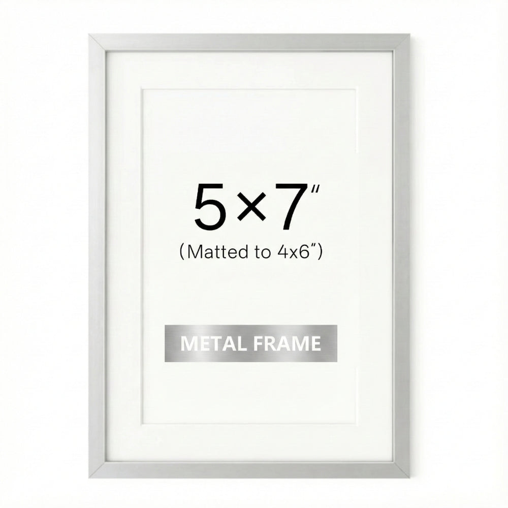 ONE MAAY 5x7 inch silver metal picture frame with mat for 4x6 inch photos, modern minimalist design on white background for wall art and photo display