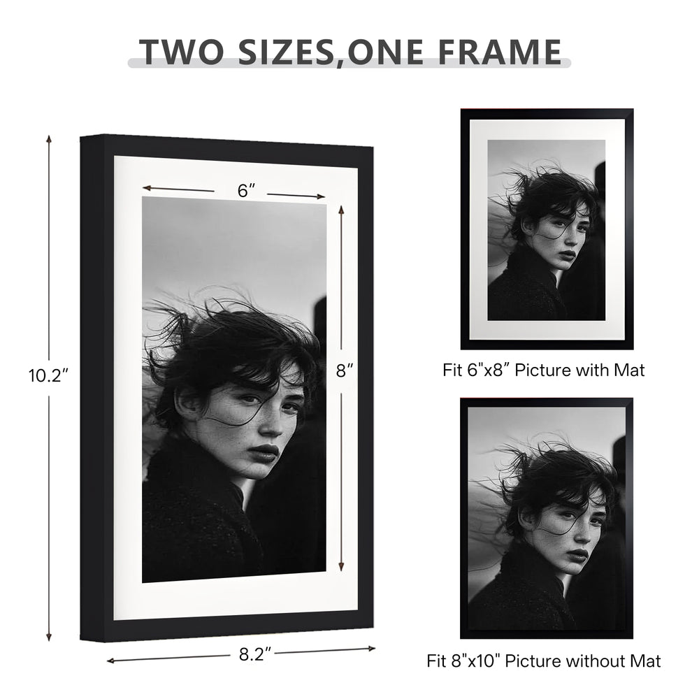 ONE MAAY 8x10 inch metal picture frame size guide on white background showing dimensions and mat options for versatile photo display
