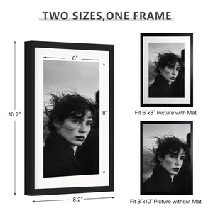 ONE MAAY 8x10 inch metal picture frame size guide on white background showing dimensions and mat options for versatile photo display
