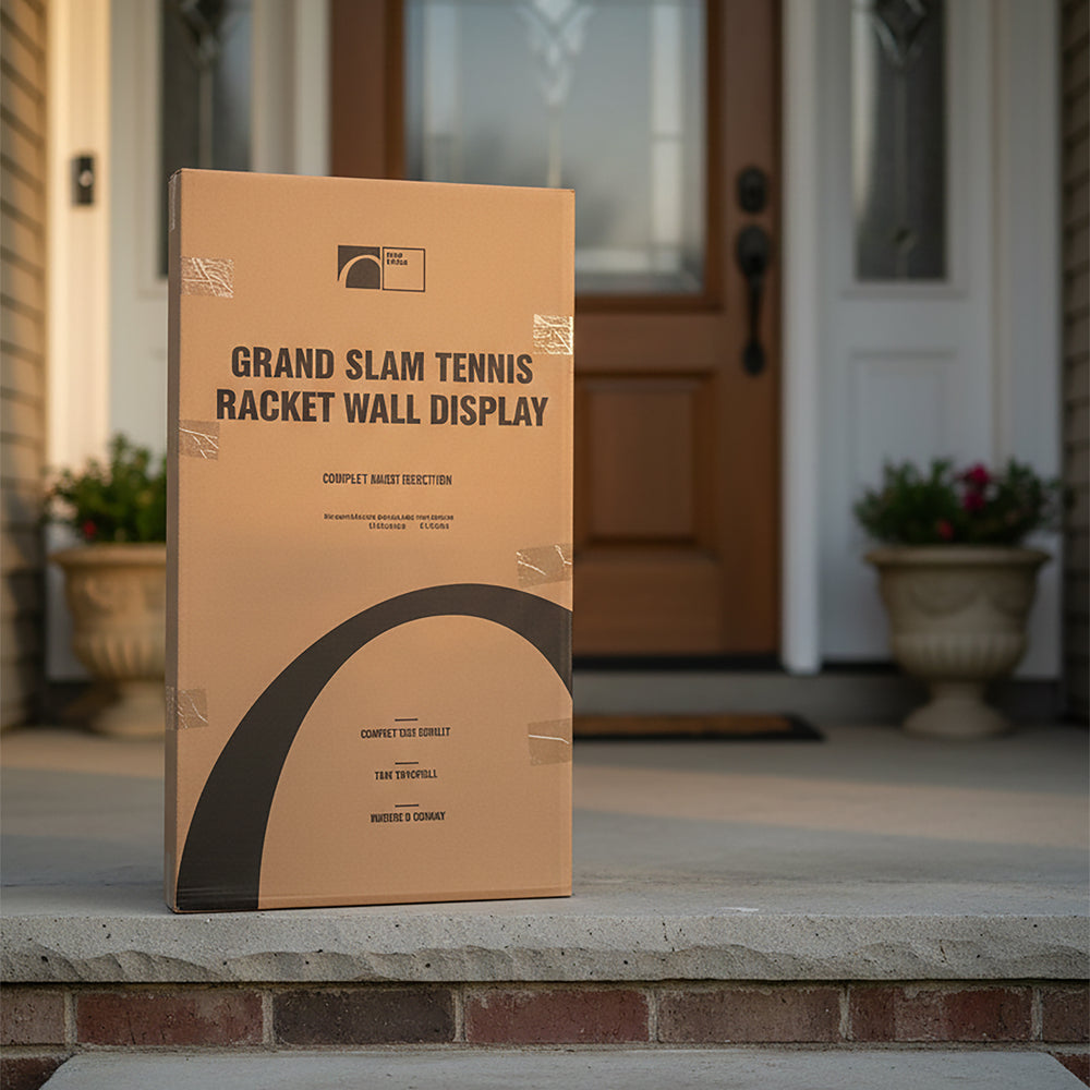 Cardboard shipping box for the ONE MAAY Grand Slam Tennis Racket Wall Display resting on the front porch steps of a home
