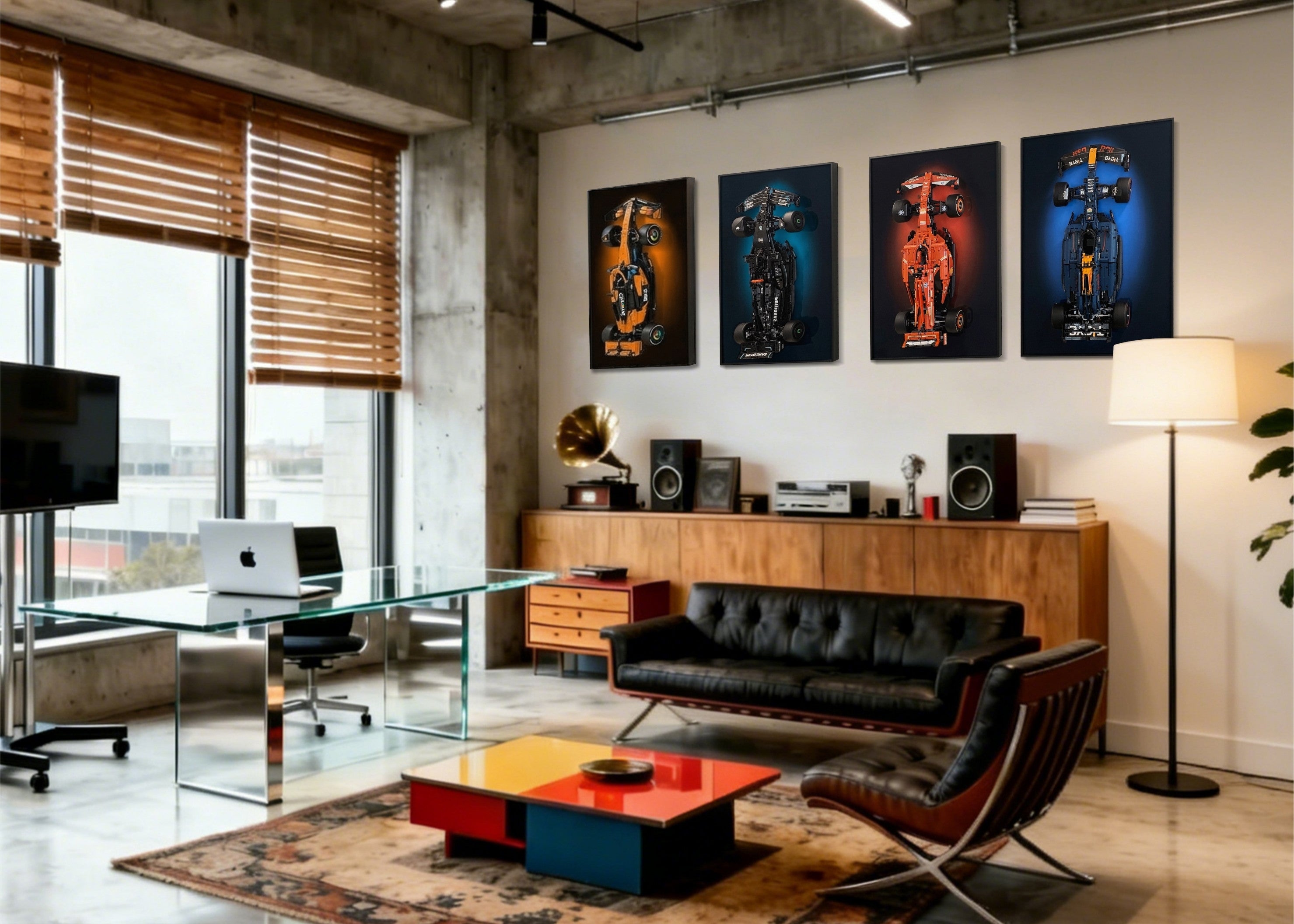 Modern office with black leather sofa, colorful coffee table, and wall art.