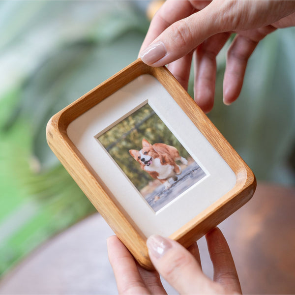 Person holding a wooden photo frame with a picture of a corgi dog inside, blurred green background