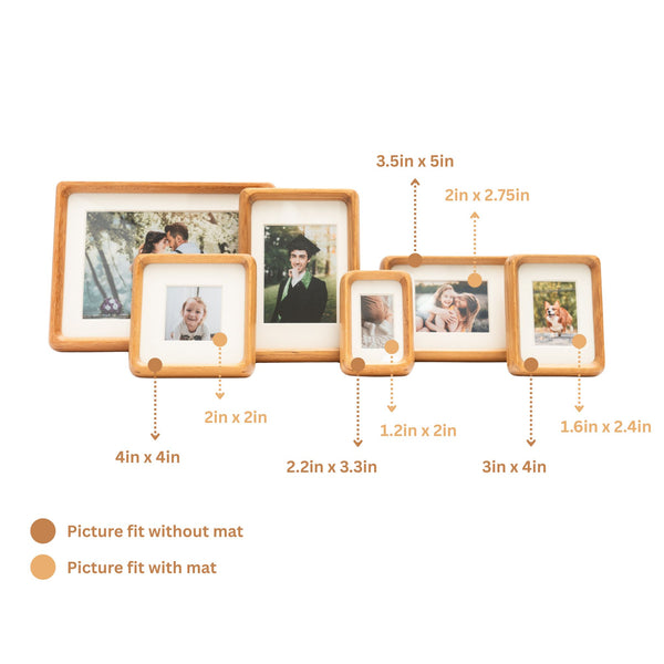 Set of teak wood picture frames with dimensions and photo sizes displayed on a white background