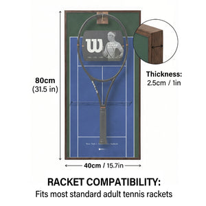 Size dimensions for the ONE MAAY US Open racket wall art, showing an 80 by 40 centimeter frame with a 2.5 centimeter thickness, compatible with standard adult rackets