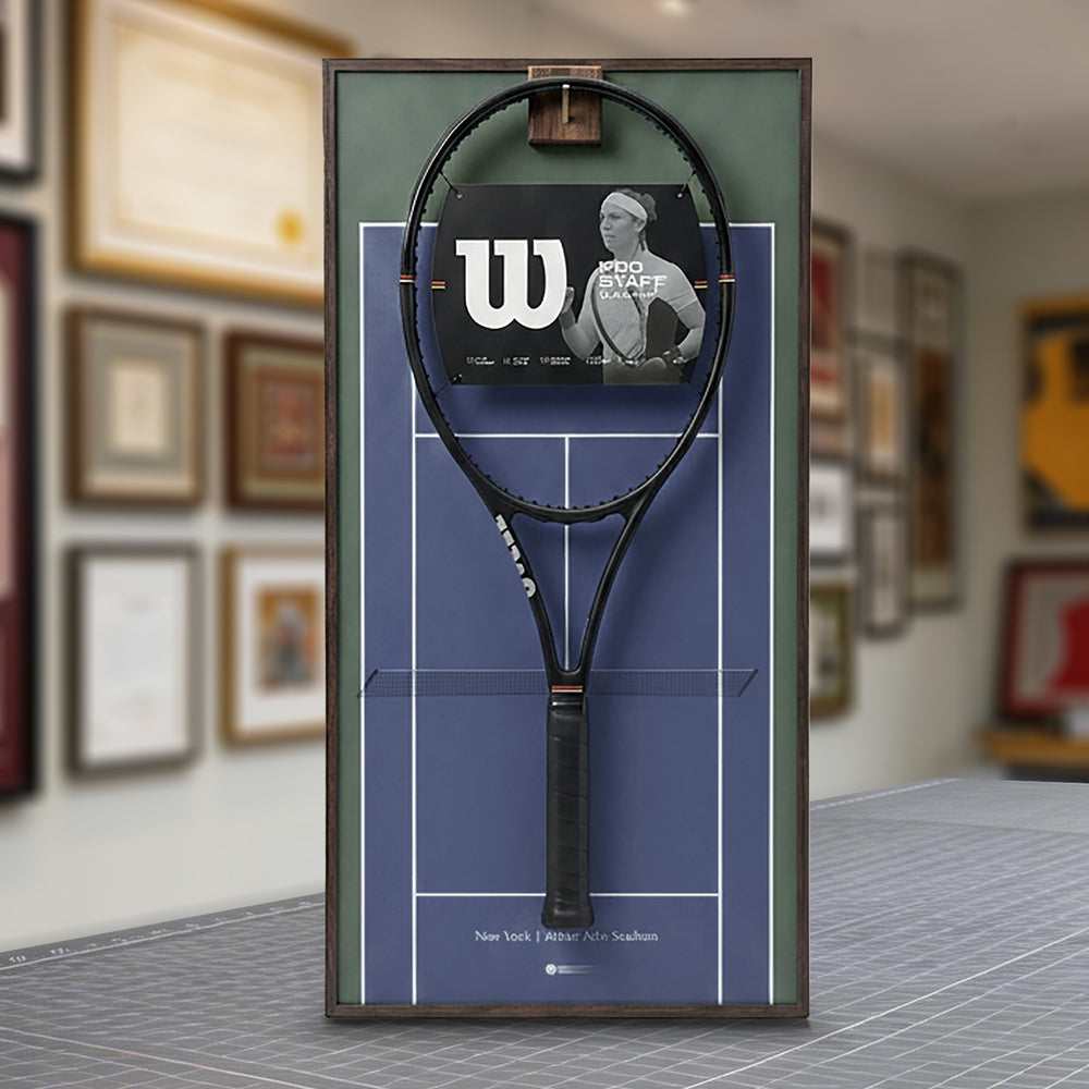 ONE MAAY US Open hard court tennis racket wall display second lifestyle view showing Wilson Pro Staff racket mounted on blue and green court art print background in modern home decor