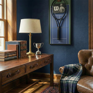 ONE MAAY US Open tennis racket wall display frame with printed hard court blue and green background for authentic Grand Slam sports room decor